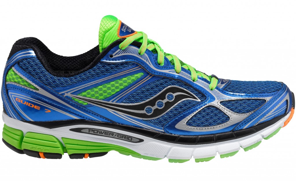 Saucony Guide 7 - man - blauw, gifgroen met oranje en wit 130,-